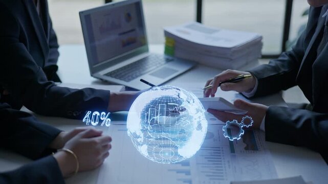 Business meeting analyzing global trends corporate office digital presentation modern workspace team collaboration strategic planning