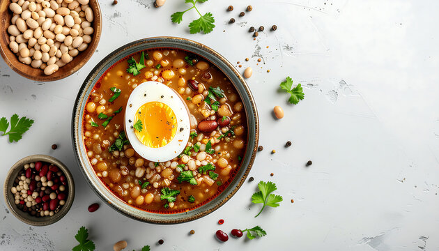 Fanesca Ecuador overhead flat lay traditional bean grain soup