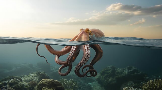 Octopus emerges from ocean water at sunset with coral reef below