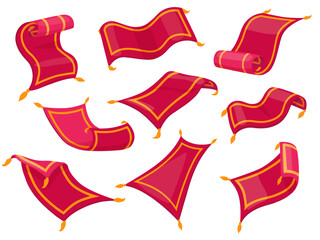 Magic carpet character. Arabian carpets fairy tale, red rug various poses. Funny oriental flying cotton mat. Witchcraft plane nowaday vector clipart