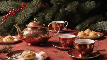 Fototapeta premium Elegant Christmas Tea Set with Festive Decorations and Pastries.