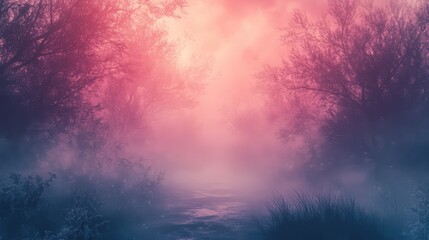 Fototapeta premium Mystical forest path shrouded in thick pink, purple and blue fog, an ethereal, dreamy landscape evoking tranquil mystery, solitude and a magical journey through silence
