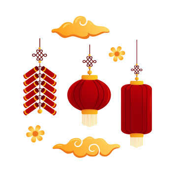 Illustrations of Chinese New Year elements, including clouds, cherry blossoms, lanterns, and firecrackers, in shades of red and gold. Perfect for sticker packs and logos.