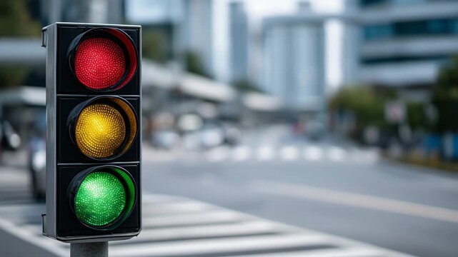 Daytime close-up of a traffic light with green signal illuminated, yellow and red signals off, metallic casing catching sunlight, background shows blurred crosswalk and moving vehi