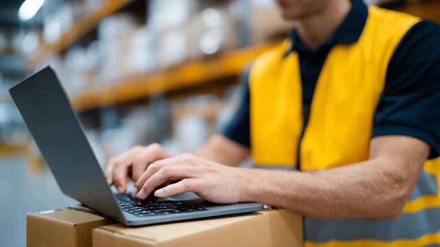 Detailed close-up of a postal worker interacting with a laptop in a warehouse, mouse and keyboard in use, packages and boxes on shelves in background slightly out of focus, emphasi