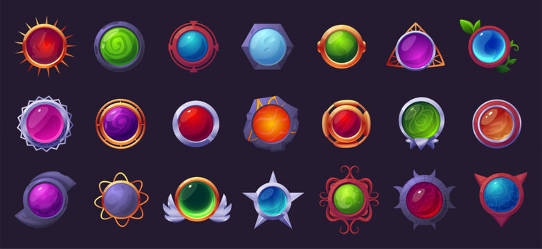 Circle buttons. Game design, ui ux button interface. Gemstone magic spheres, decorative pendant or witchcraft amulets. Cartoon nowaday vector clipart