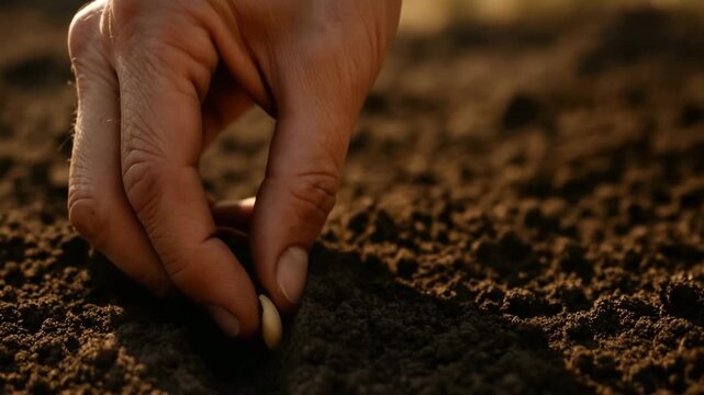 Farmer's hand planting a seed in fertile soil. Close-up of sowing a crop in a field during golden hour. Agriculture and new beginnings concept