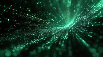 Digital particles and light creating abstract dynamic flow, representing complex data networks, futuristic technology, global connectivity, and communication