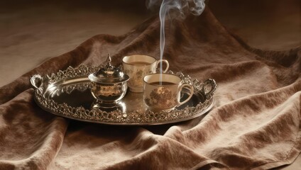 Elegant Coffee Set on Ornate Tray with Steaming Cup.