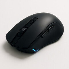 A black wireless optical computer mouse is an isolated device of technology with a scroll wheel and buttons for PC input