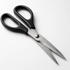 Isolated metal office scissors with sharp steel blades and black plastic handle on a white background