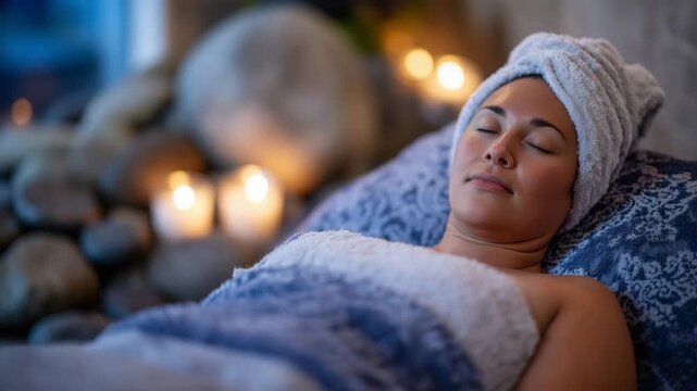 Elegant wellness spa atmosphere, the woman lying on plush towels as heated stones absorb and radiate warmth, soft candlelight glows and diffuses throughout the serene space