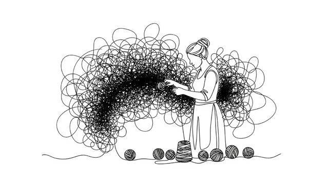 A woman in a continuous line art style attempting to disentangle a large, messy ball of yarn or thread, with neatly wound balls of yarn at her feet, symbolizing problem-solving.