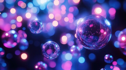 Glowing transparent bubbles float against a dark background, reflecting a lively blend of blue, purple, and pink bokeh lights, creating an abstract, futuristic, and ethereal atmosphere
