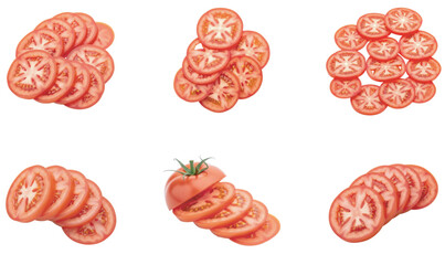 Freshly sliced red tomatoes arranged in various appealing patterns on a white background