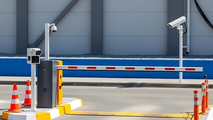 Automatic barrier gate system with security cameras and traffic cones at an entrance or exit point