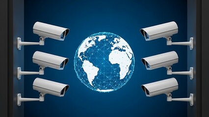 Global surveillance concept with multiple security cameras monitoring a digital earth globe