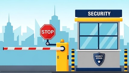 Security checkpoint with barrier gate, stop sign, and guard booth illustration