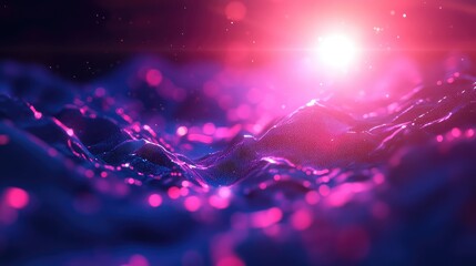 Abstract digital landscape of glowing pink and blue particles and mesh waves, a futuristic networked surface suggesting data flow, energy, and immersive virtual connectivity