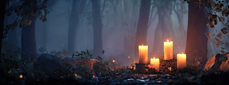 an atmospheric nighttime scene set in a forest. a candlelit altar serves as the focal point at the center of the image. two lit candles cast a warm glow on the altar and the surrounding area