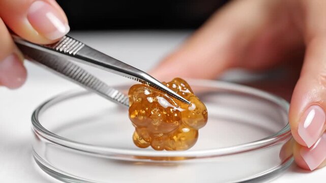 Examining Amber-Colored Cannabis Concentrate with Tweezers on a Petri Dish in a Lab Environment