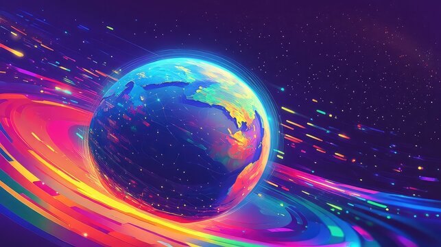 Planet earth glowing with vibrant light trails and network connections, symbolizing worldwide communication, high speed data transfer, and a futuristic digital technology landscape - Powered by Adobe