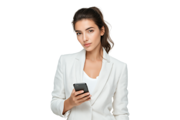 Modern young businesswoman in light blazer holding smartphone looking at viewer isolated on transparent background, png