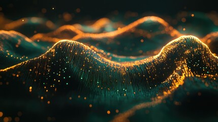 Luminous particles on a dark background creating an abstract representation of interconnected data flowing across a digital landscape, symbolizing technology, science, and network communication