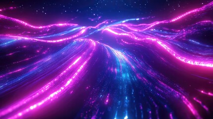 Abstract network waves creating a futuristic digital landscape, connecting glowing data streams and information flow in vibrant neon colors, representing modern technology and communication concepts