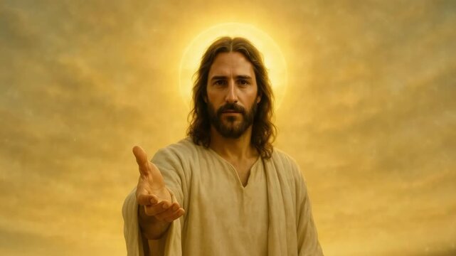 Jesus Christ extending a helping hand in a gesture of salvation. Divine figure with a glowing halo against a golden heavenly sky. Christian faith and hope concept