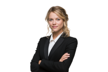 Confident young businesswoman in black suit standing with arms crossed isolated on transparent background, png