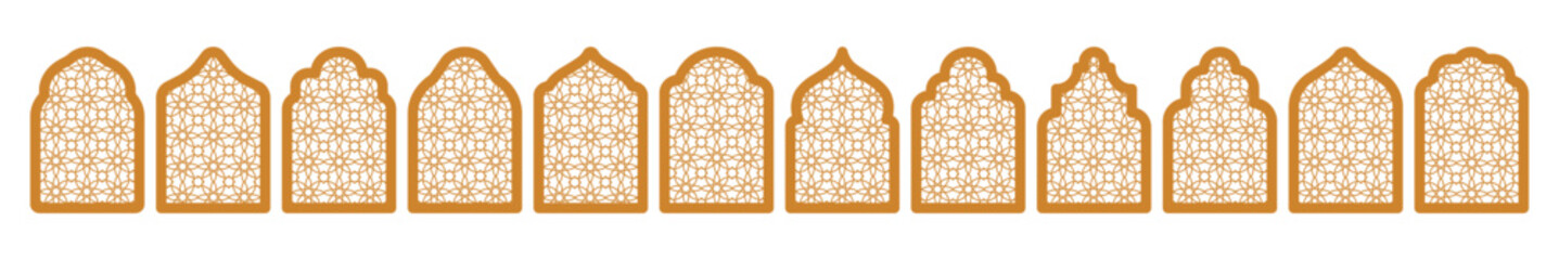 Oriental Arab Arch Islam Door Shapes Set In classic golden beige color Windows Frames elements collection Boho Style for Labels, Logo, Banner Templates Domes of mosque Ramadan Kareem, Eid Mubarak.