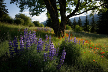 Fototapeta premium A picturesque wildflower meadow dotted with colorful blooms under a shady tree, inviting feelings of joy and freedom through nature's beauty in bright colors and friendly surroundings.