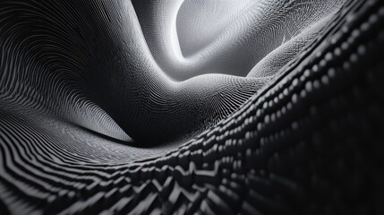 Abstract digital rendering showing textured waves and undulating patterns in a grayscale monochrome setting, creating a sense of dynamic flow and modern technology