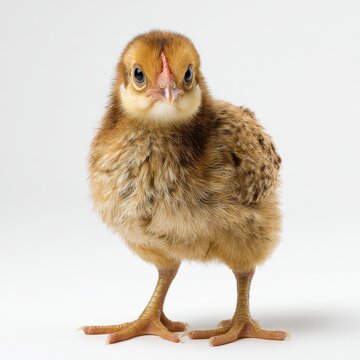 Adorable Young Chabo Bantam Chicken, Cute Brown Buff Bird With Curious Tilted Head on White Background