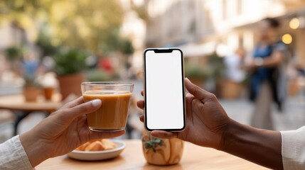 Hands holding coffee and smartphone at outdoor cafe