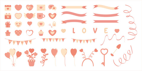 Vector set of romantic icons in soft pink, beige colors featuring hearts, ribbons, heart balloons, envelopes, cup, gift boxes. Perfect for love themes, celebrations, cards, branding decorative designs