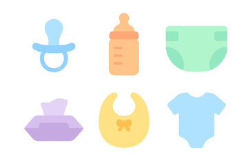 Fototapeta premium Neon glowing baby care icons including pacifier and bottle