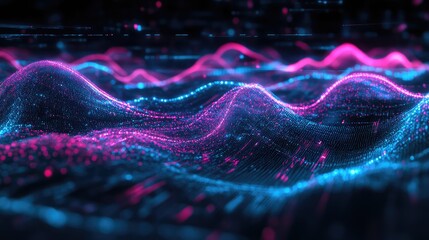 Particle wave rendering displays big data, abstract technology, and artificial intelligence concepts in a dynamic, cybersecurity focused, futuristic digital sound visualization