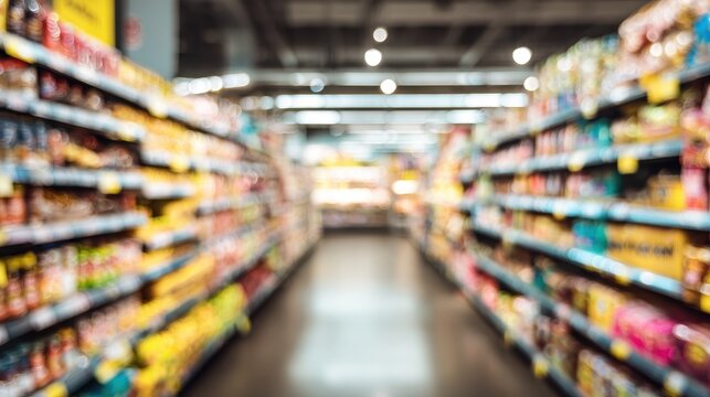 Blurry Supermarket Aisle: Abstract Background of Retail Space Shifting with Increased Consumer Demand