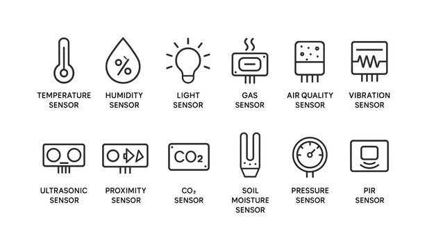 Sensor linear icon set. featuring temperature, humidity, light, gas, air quality, vibration, ultrasonic, proximity, soil moisture, pressure, pir symbols