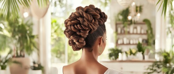 Woman with elaborate braided hair styled upwards in a salon setting with lush green plants.