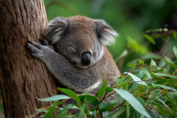 Fototapeta premium A cute koala peacefully resting against a eucalyptus tree, creating a heartwarming and tranquil scene that highlights the charm of this beloved marsupial in its natural habitat.