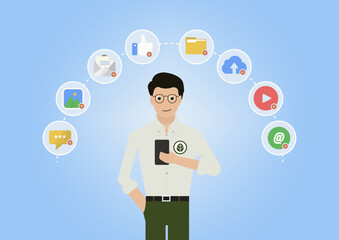 Man cleaning digital data on smartphone. Flat digital cleanup concept with man holding smartphone and various app icons around him marked for deletion. Privacy and storage visuals. Vector illustration