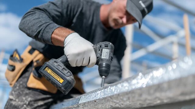 Medium close-up showing hands and power tools securing aluminum downspouts, smooth reflective surfaces, tight fasteners visible, illustrating modern, durable rainwater management s