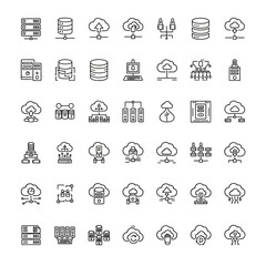 Outline Icons Set for Cloud Computing, Data Storage, Servers, and IT Network Infrastructure Concepts.