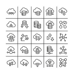 Cloud Computing, Data Storage, and Network Infrastructure Line Icons Set