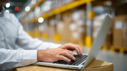 Medium shot of a post office storehouse worker reviewing delivery data on a laptop, hand guiding a mouse, stacks of packages and industrial shelving softly blurred, highlighting or - Powered by Adobe