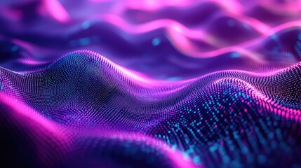 Abstract digital wave pattern showing fluid data visualization with glowing dots, representing big data, technology, network connections, and futuristic information flow in vibrant colors