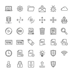 Outline Vector Icons for Technology, Computing, Data Management, Security, and App Interface Design Elements.